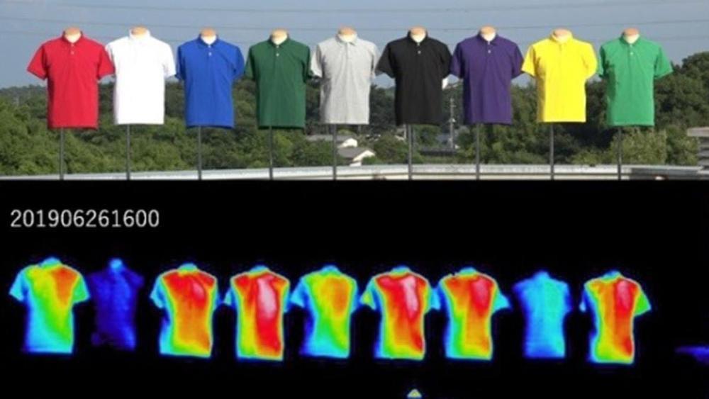 A picture displaying multiple shirts in different colors; you can see that the dark colors and green attract more heat
